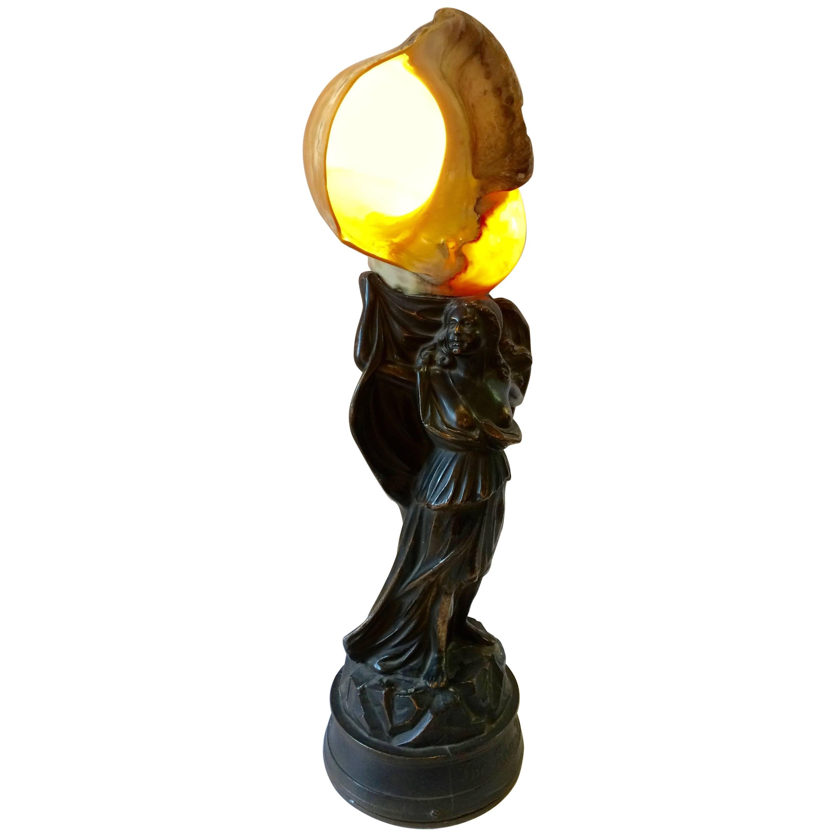 Dazzling Art Deco Bronze and Conch Shell Table Lamp For Sale