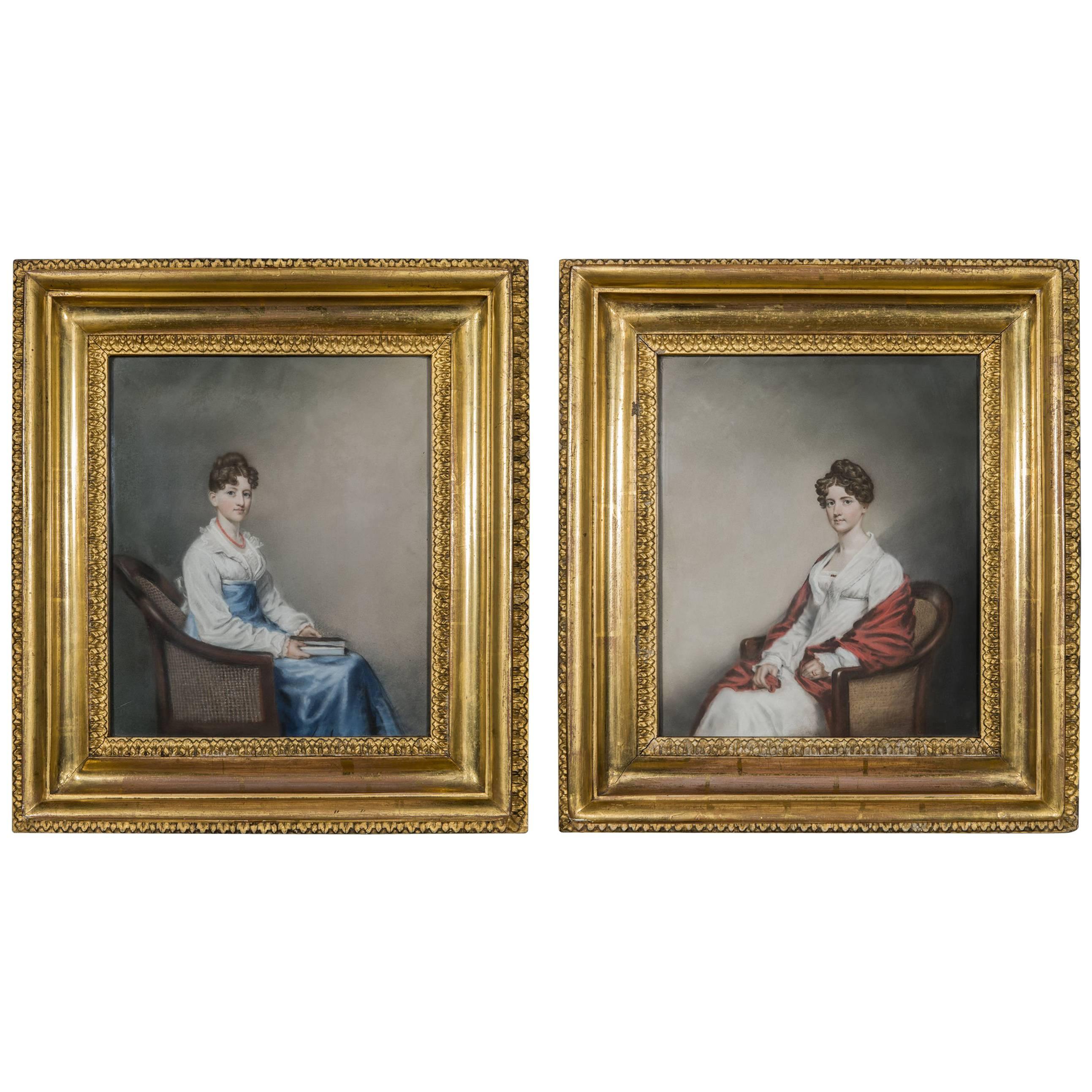 Rare Pair of Early 19th Century Regency Period Pastel and Watercolor Portraits