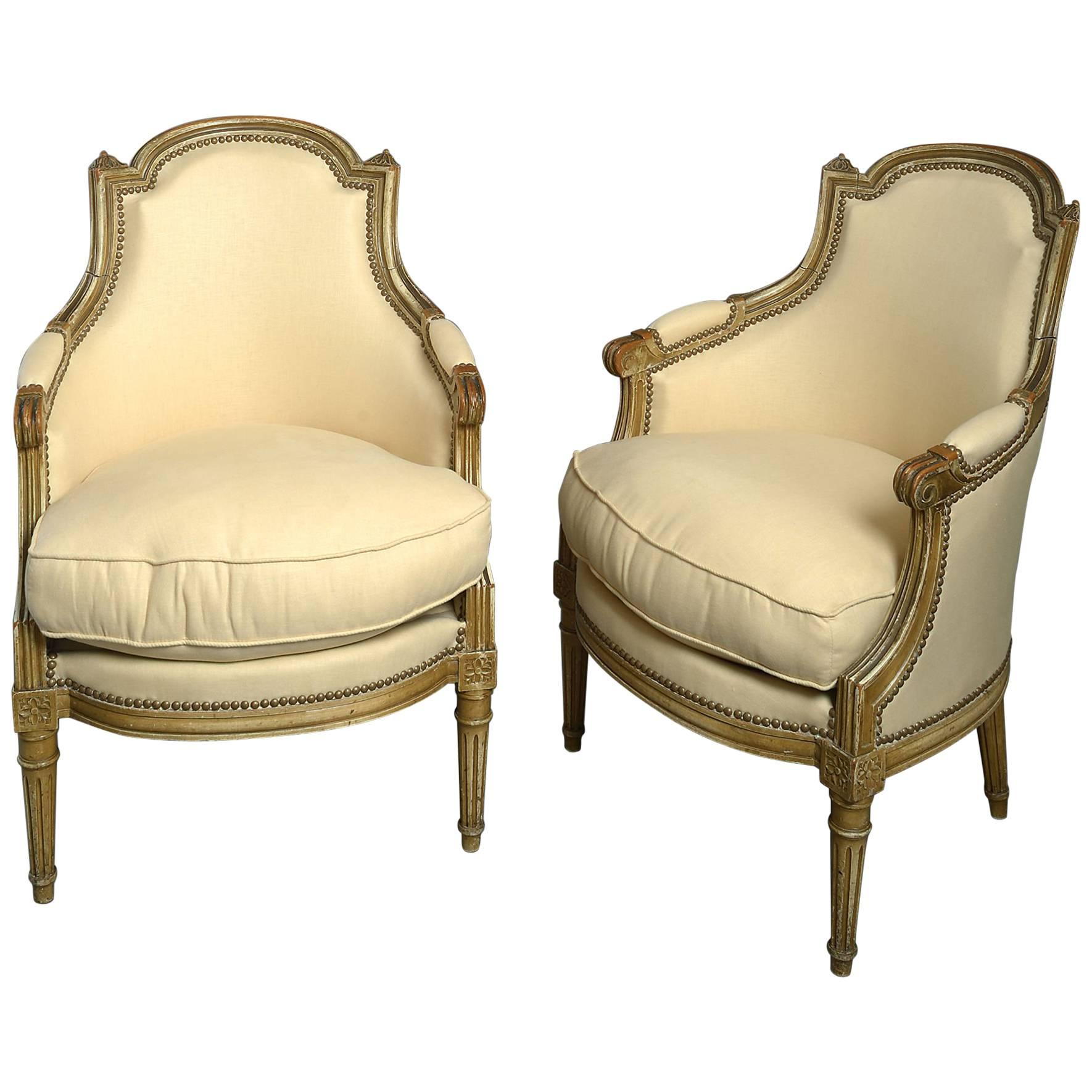 19th Century Pair of Painted Louis XVI Style Bergere Armchairs