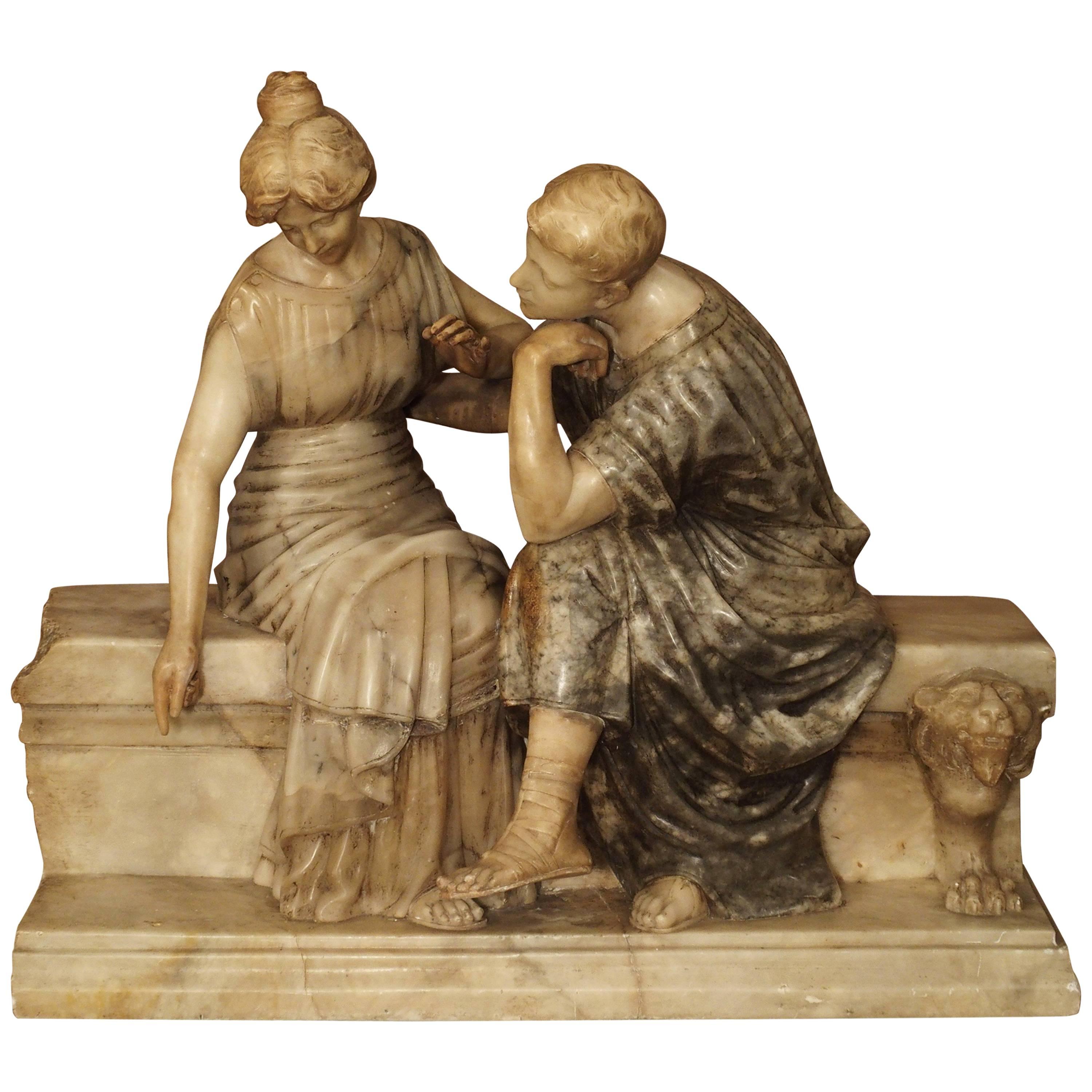 Late 19th Century Marble and Alabaster Carving of a Couple Seated on a Bench