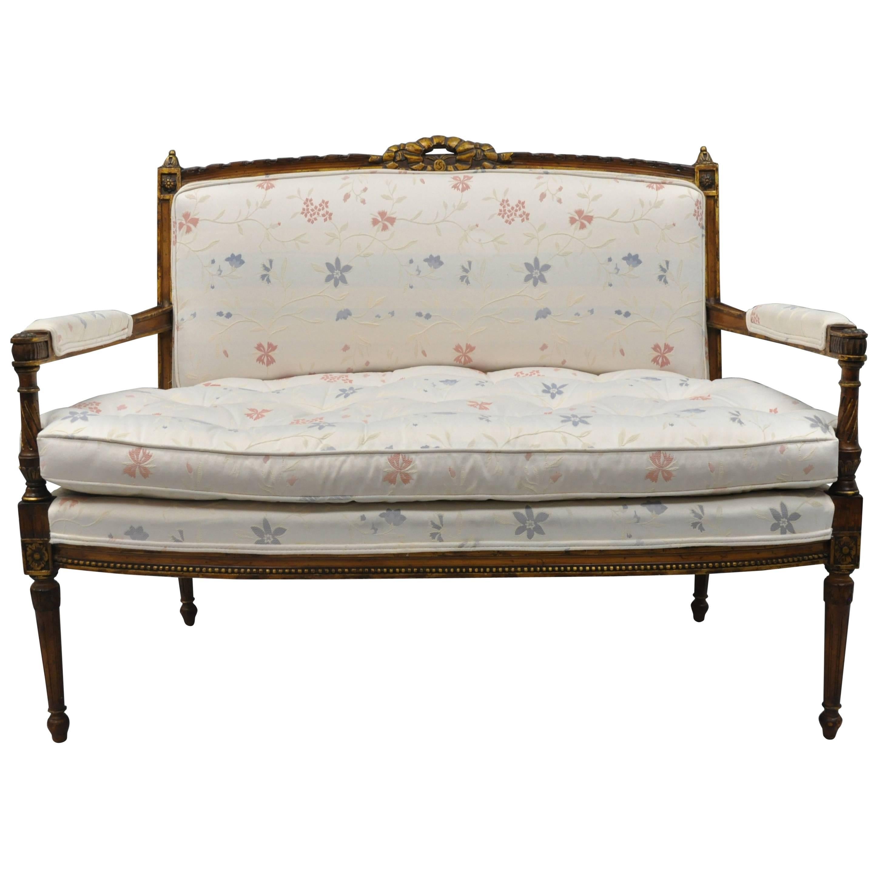 Gold French Louis XVI Directoire Style Settee Loveseat Carved Upholstered Sofa