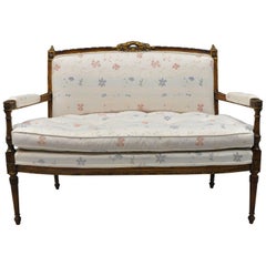 Retro Gold French Louis XVI Directoire Style Settee Loveseat Carved Upholstered Sofa