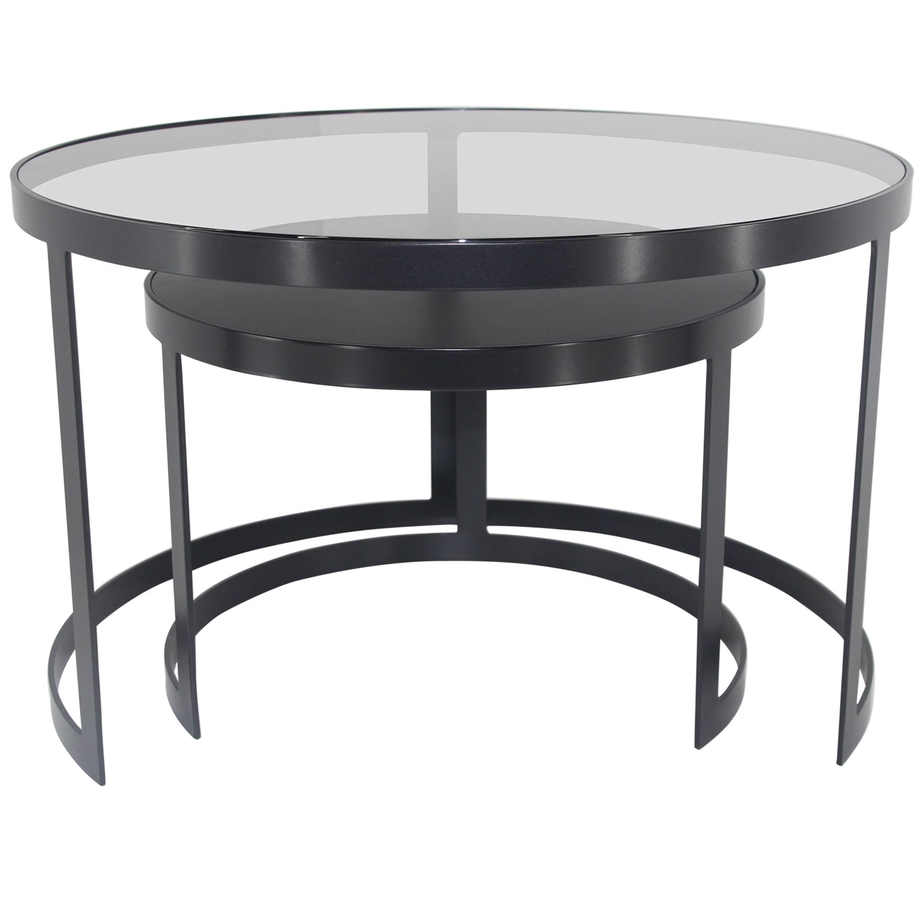 21st Century Set of Two Iron Nesting Tables with Glass and Wood Tops, Spain