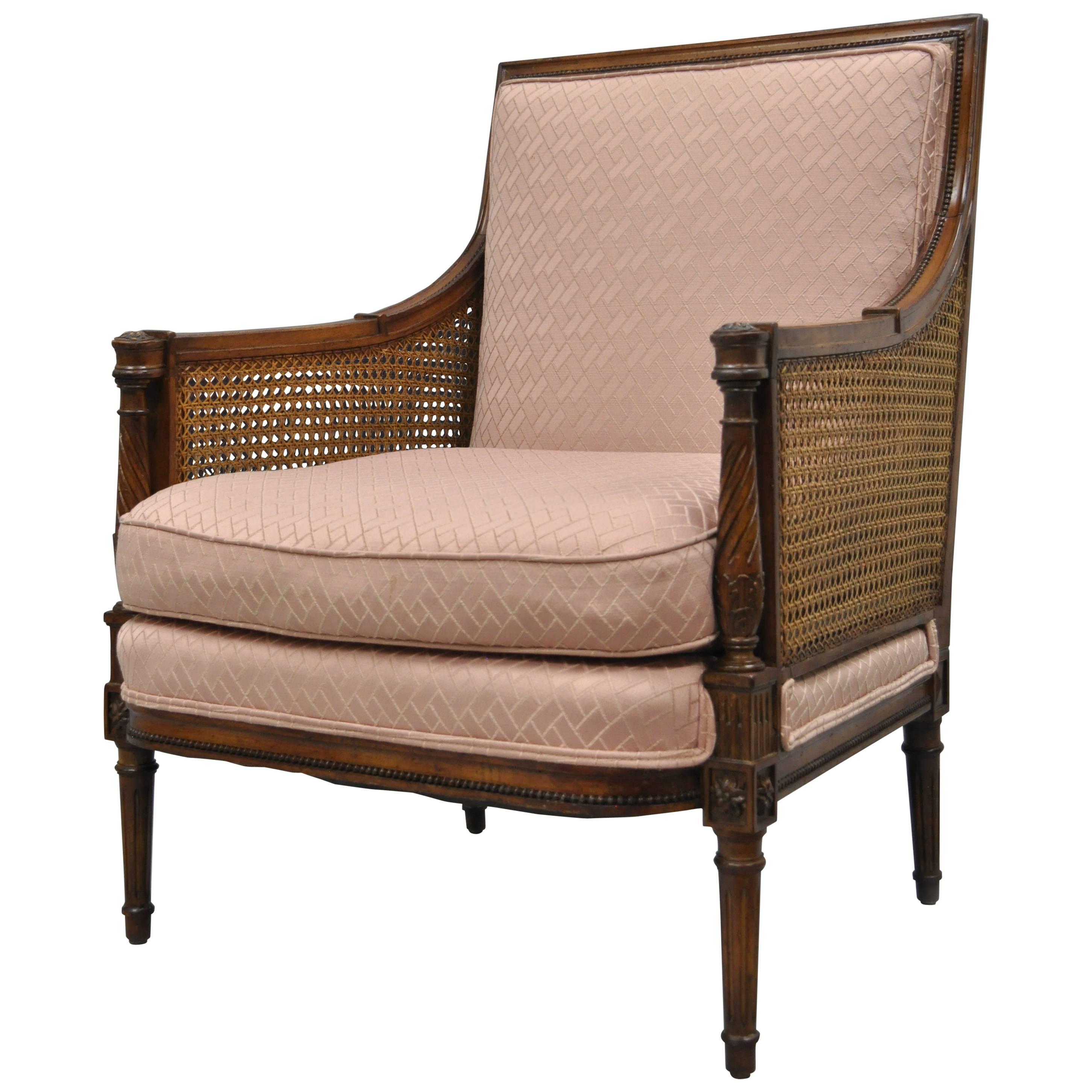 French Louis XVI Directoire Style Cane Bergere Arm Chair Carved Walnut Frame