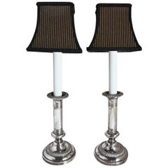 Pair of Antique Silver Plated Electrified Candlesticks Lamps with Shades