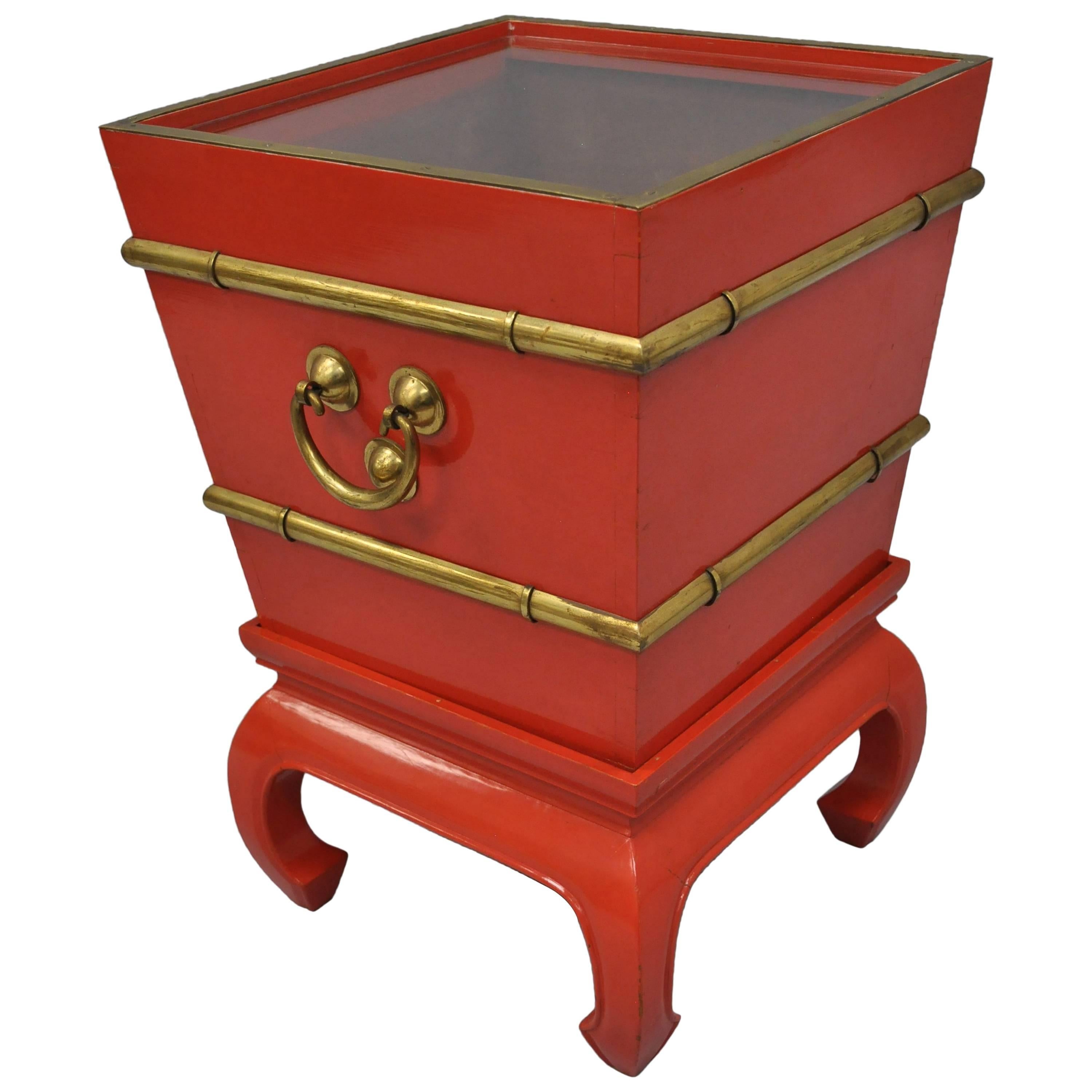 Chinoiserie Red Lacquer Oriental Pedestal Planter Accent Table Brass Faux Bamboo