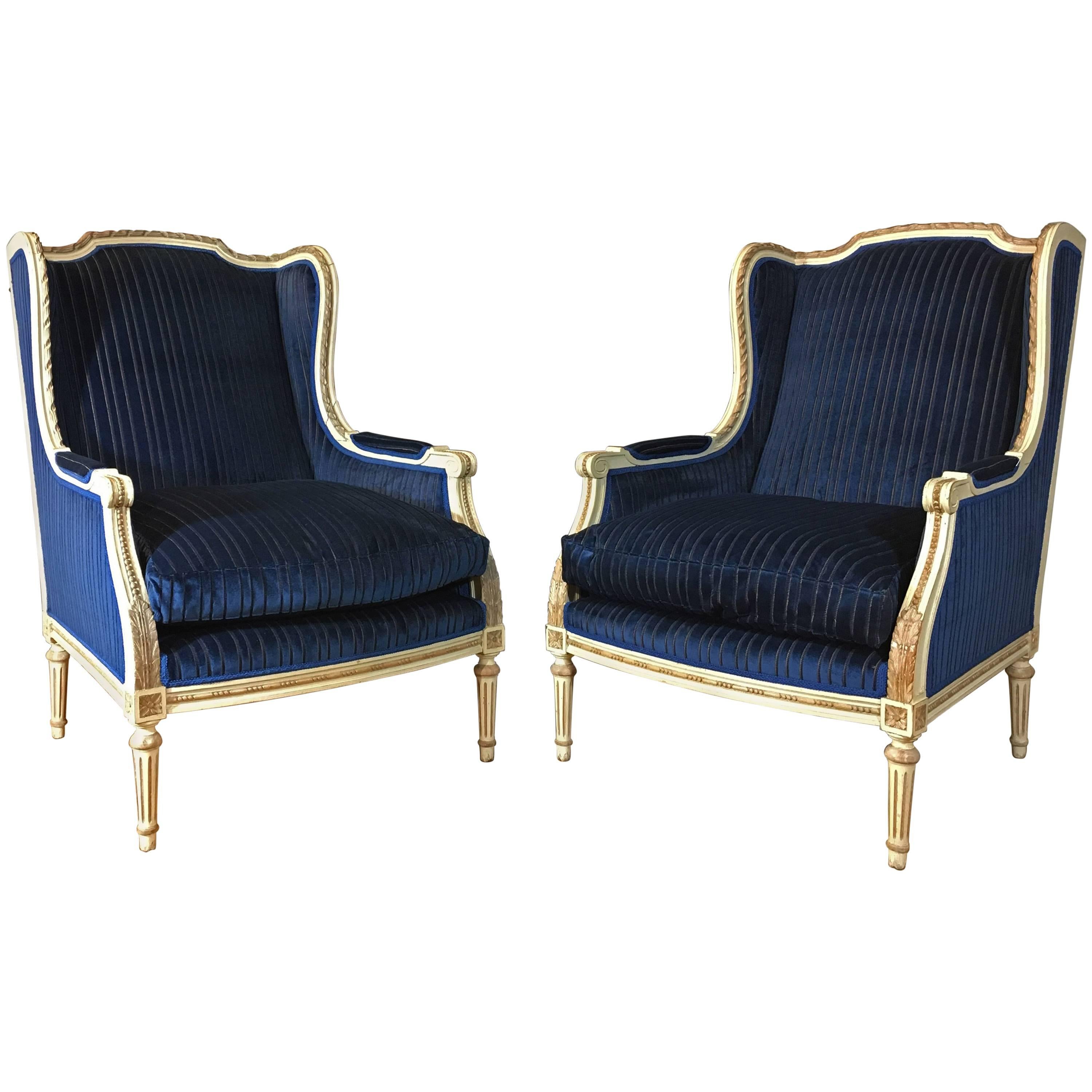 Mid-19th Century Italian Louis XVI Style Painted Polpar Wood Wing Chairs For Sale