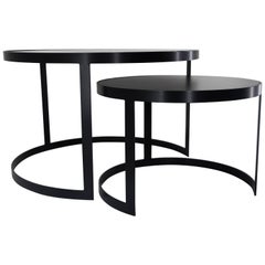 21st Century Set of Two Iron Nesting Tables with Glass and Wood Tops, Spain