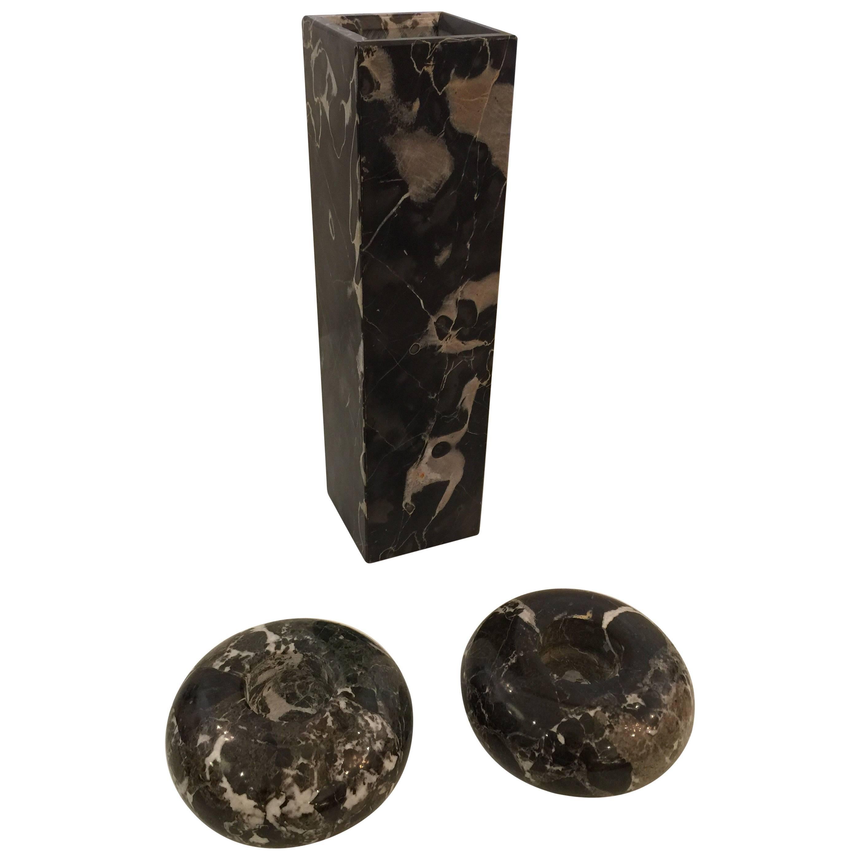 Nero Marquina Marble Vase and Candleholders For Sale