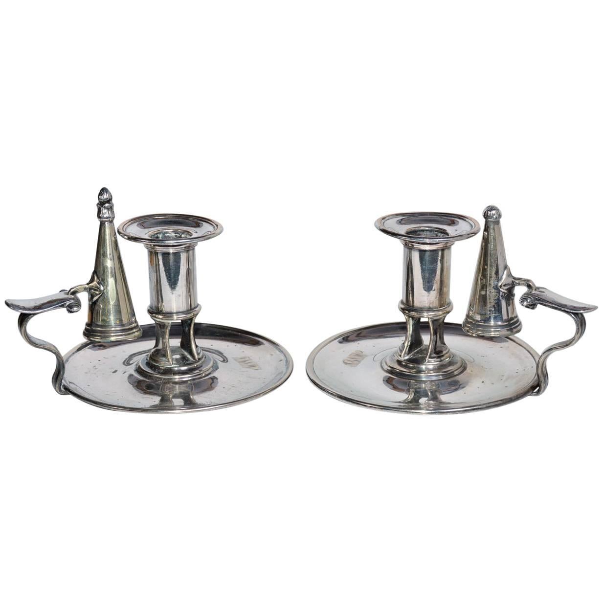 Pair of Sheffield Silver Plated Candleholders and Snuffers For Sale
