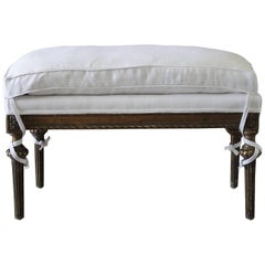 20th Century Louis XVI Style Giltwood Bench Upholstered in White Belgian Linen
