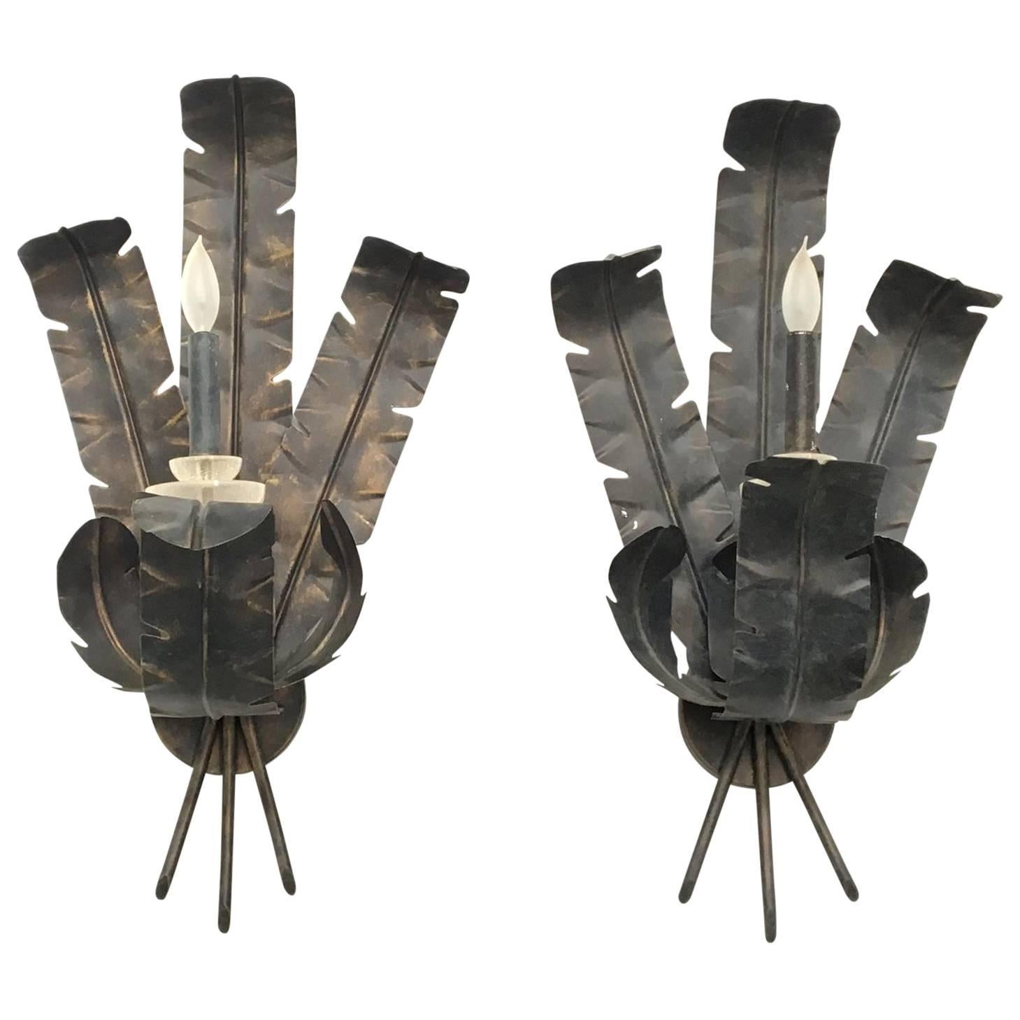 Pair of Large Tole Metal Banana and Palm Leaf Wall Sconces