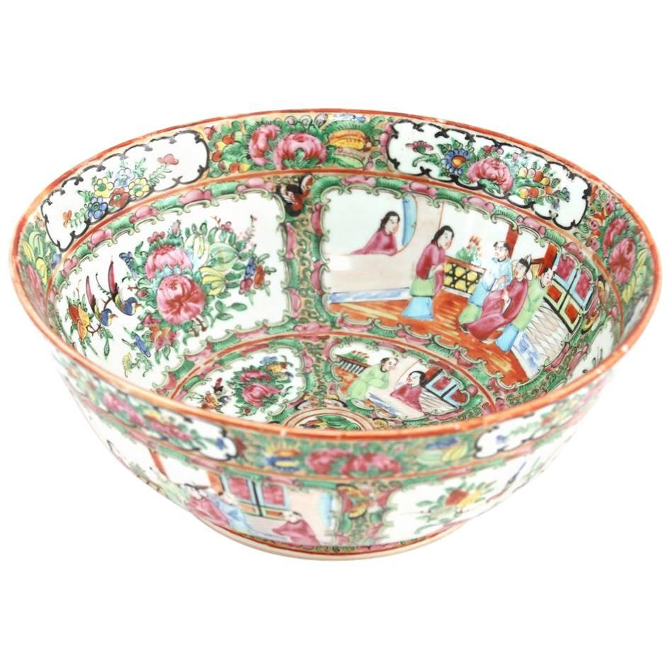 19th Century Chinese Export Porcelain Rose Medallion Punch Bowl For Sale