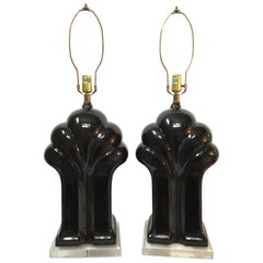 Pair of Art Deco Black Ceramic and Lucite Waterfall Table Lamps