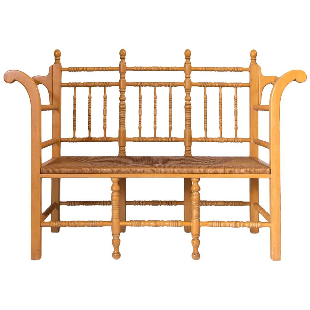 Edwardian Style Light Oak Spindle Bench with Rush Seat and Curved Arms