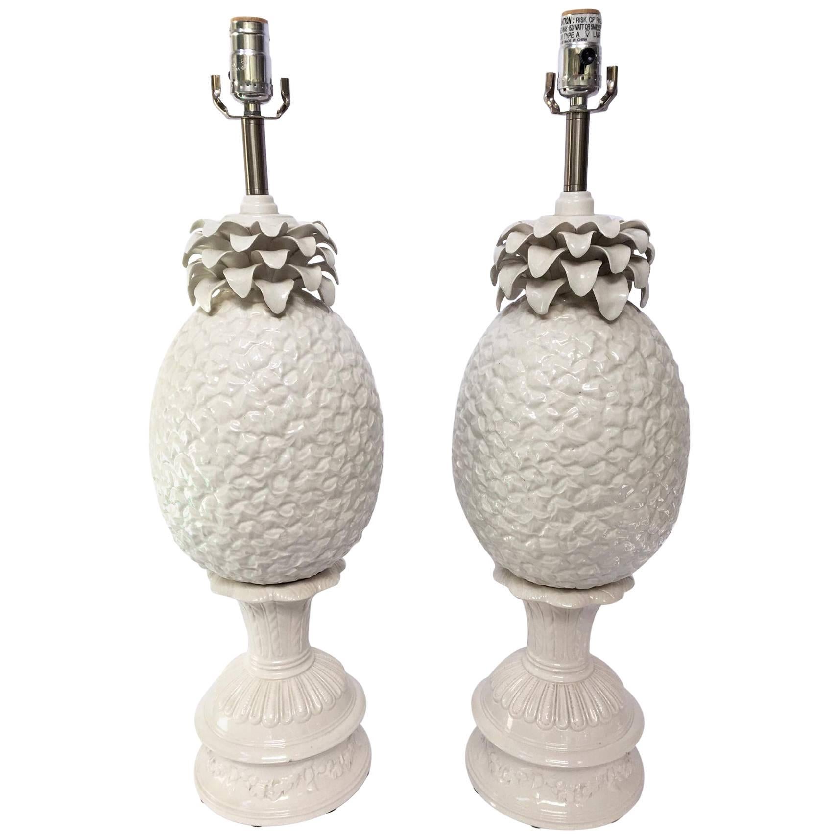 Sculptural White Ceramic Pineapple Table Lamps