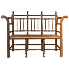 Dark Oak Edwardian Spindle Bench with Rush Seat
