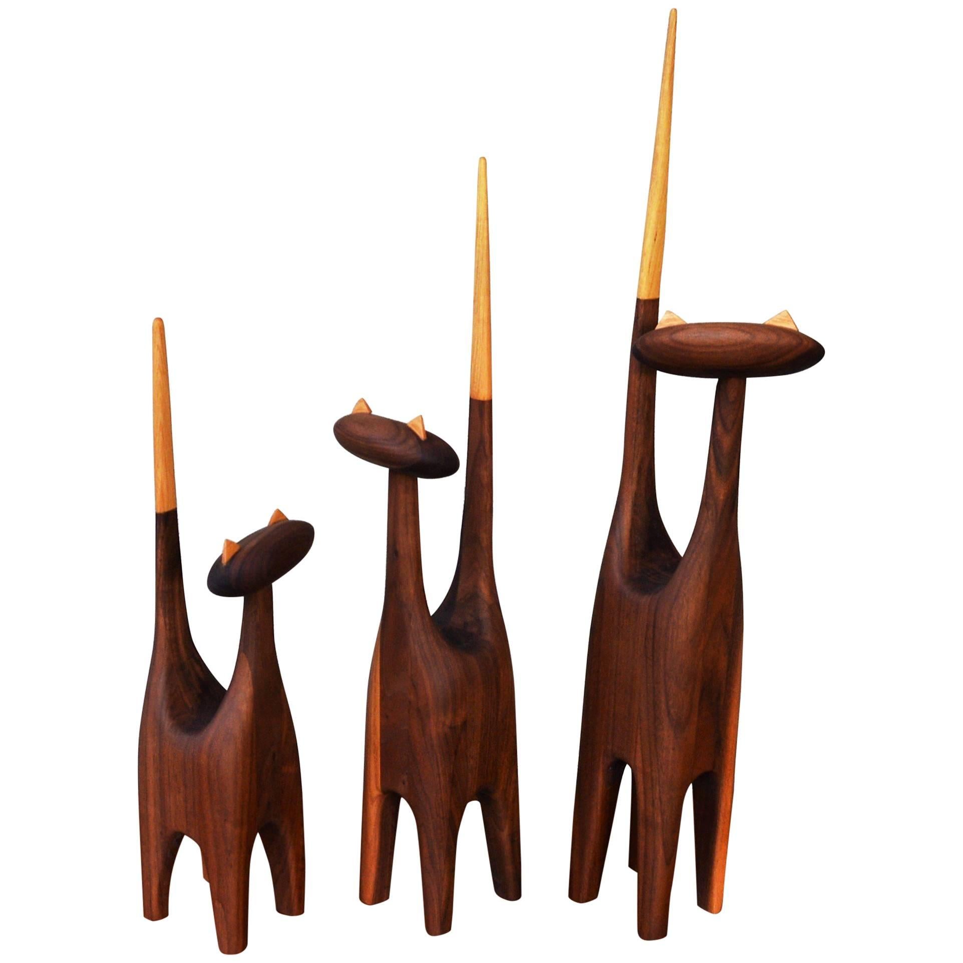 Large-Scale Mid-Century Inspired Hand-Carved Walnut & Beech Family of Three Cats