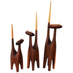 Large-Scale Mid-Century Inspired Hand-Carved Walnut & Beech Family of Three Cats