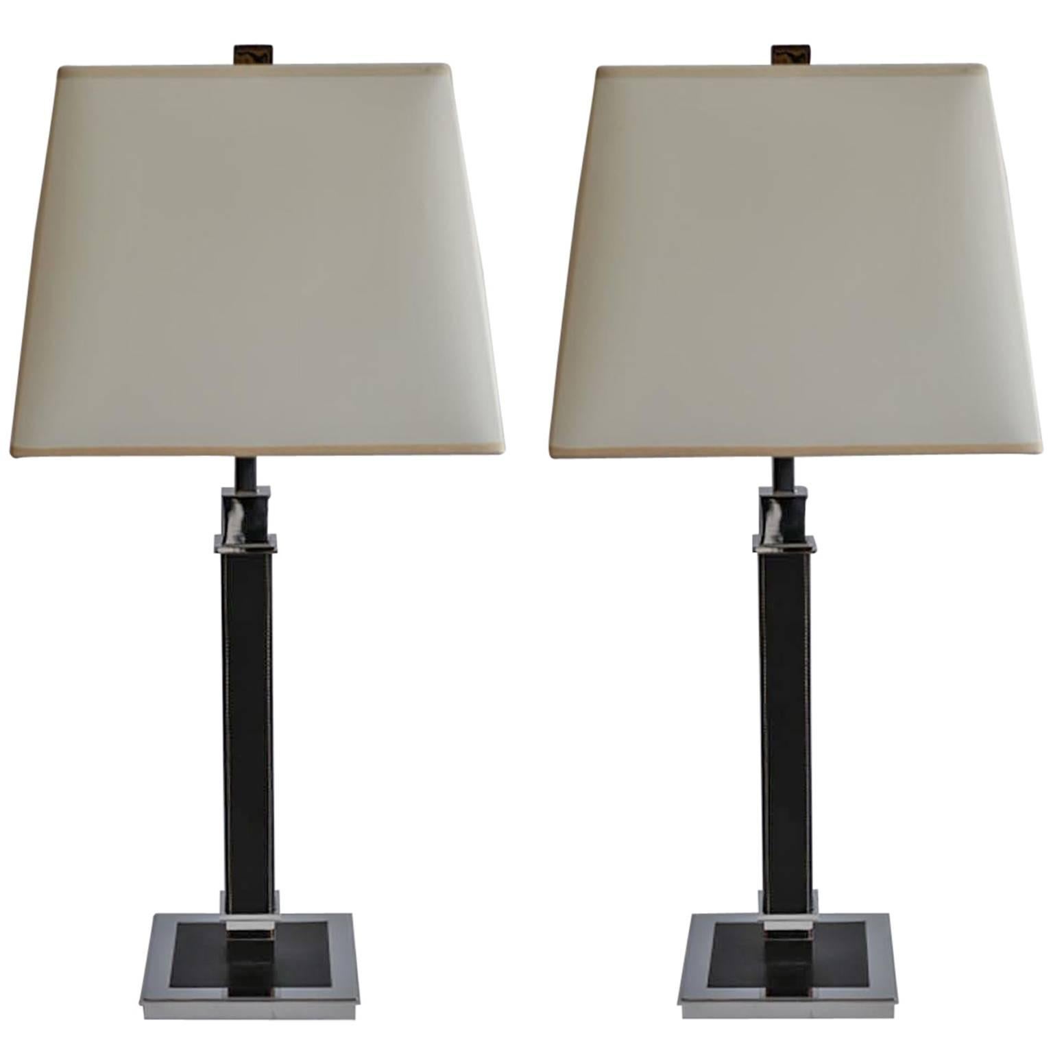 Pair of Ralph Lauren Black Leather and Polished Nickel Table Lamps