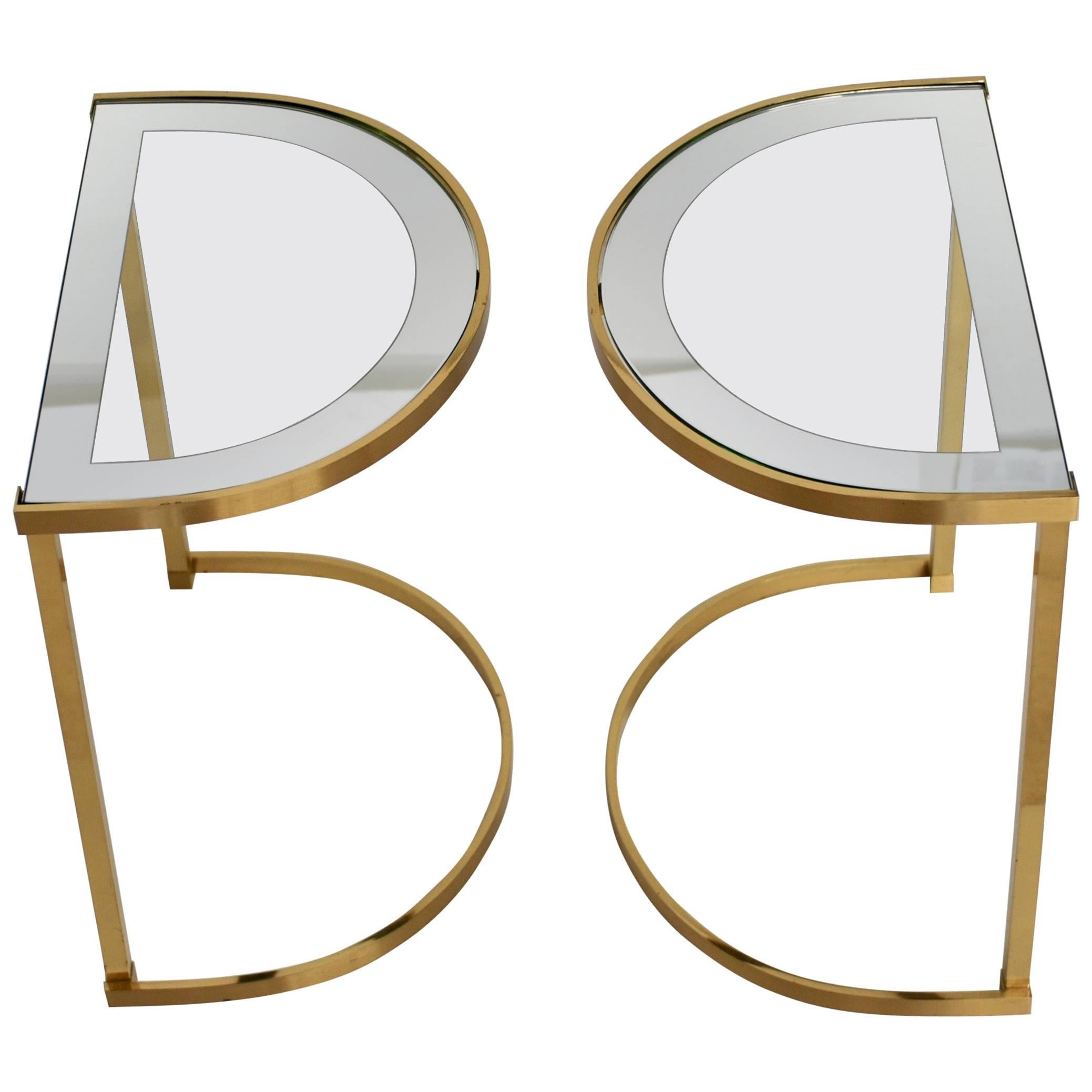 Pair of Italian 1970s Brass Demilune Side Tables with Mirror Bordered Glass
