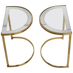 Pair of Italian 1970s Brass Demilune Side Tables with Mirror Bordered Glass