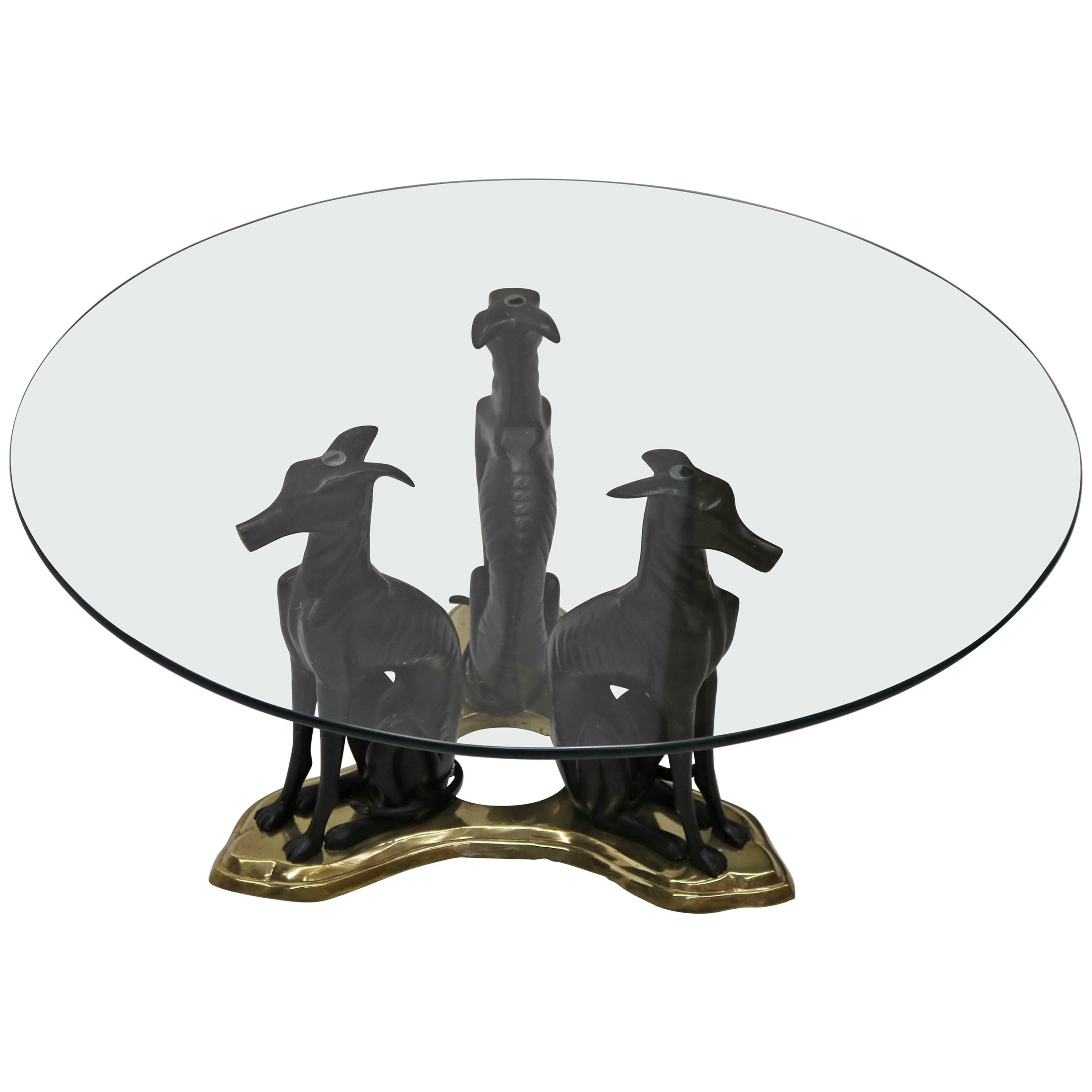 Three Bronze Greyhounds with a Glass Top Coffee Table by Maitland Smith