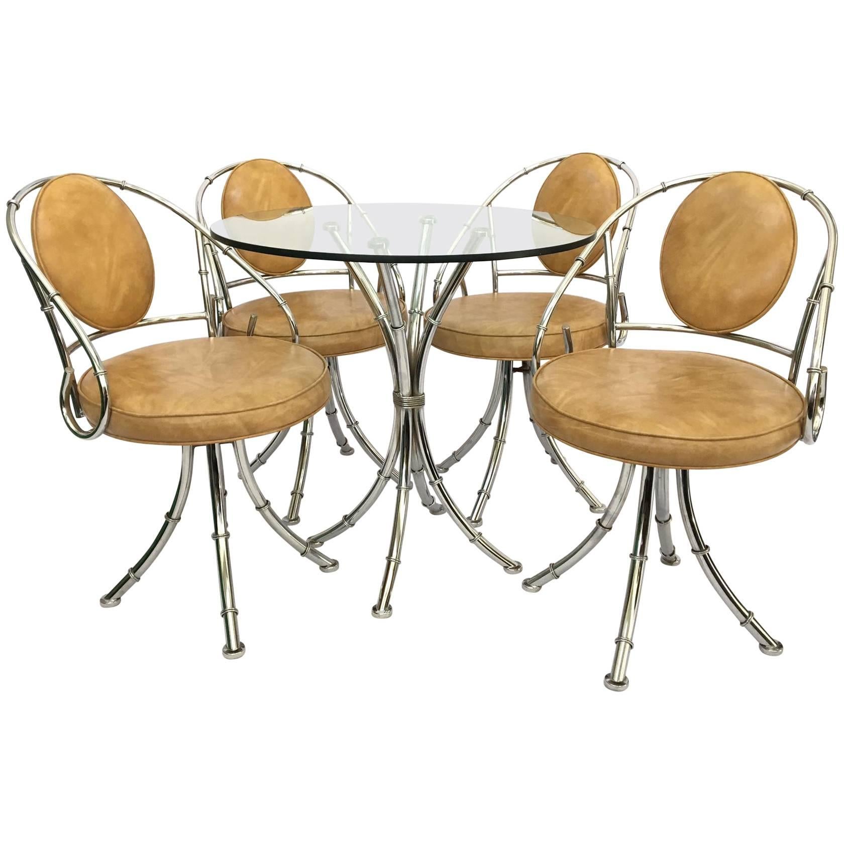 Midcentury Hollywood Regency Chrome Bamboo Bistro Dining Set