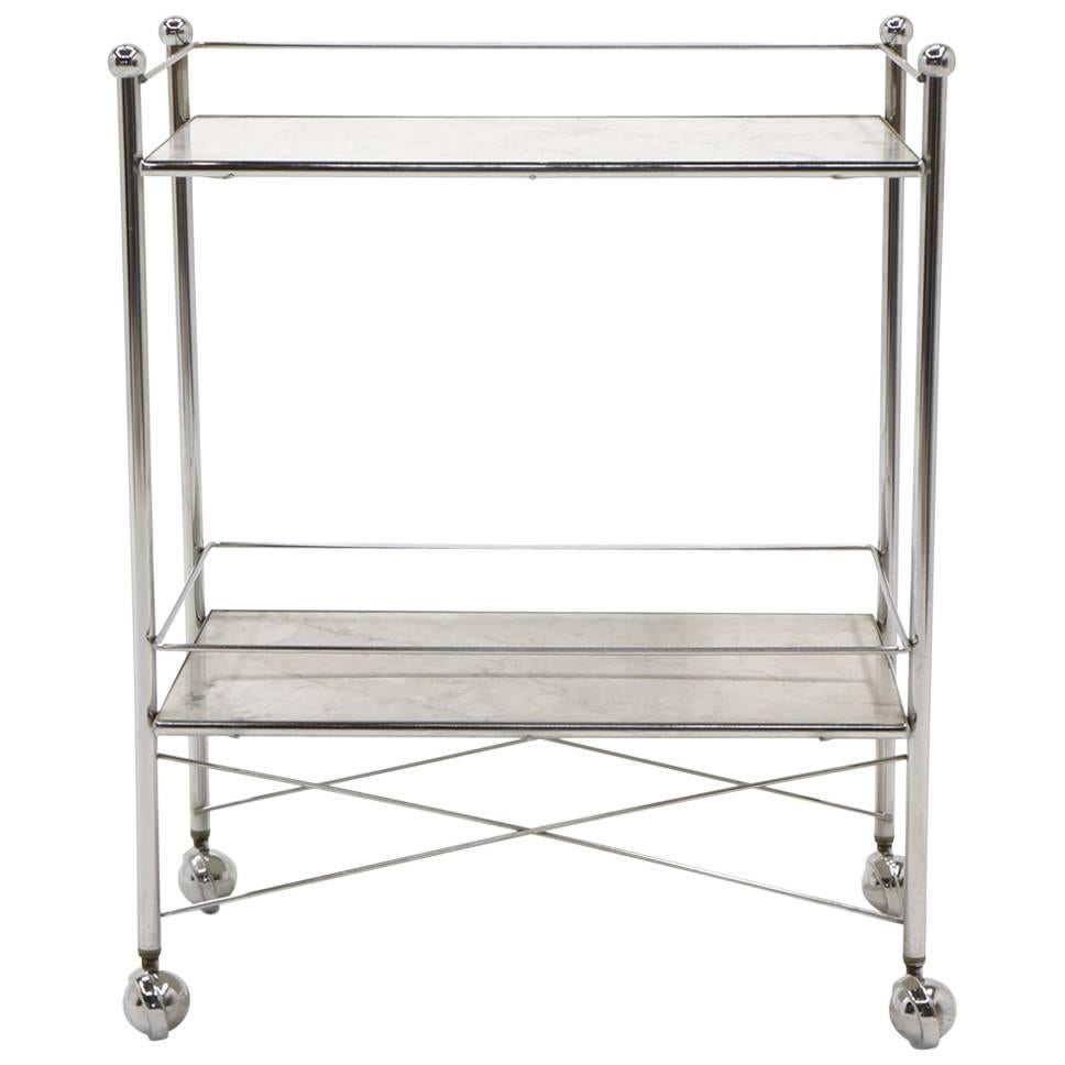 1960s Serving or Bar Cart, Chrome with White Marble Shelves on Casters