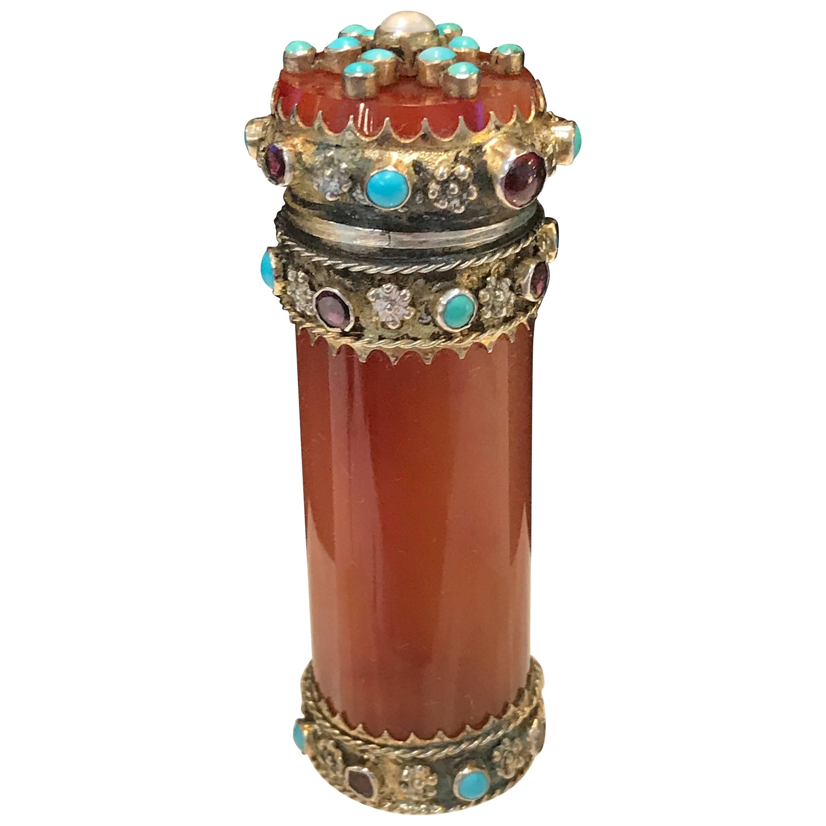 French Carved Agate, Silver and Jeweled Vesta or Match Safe