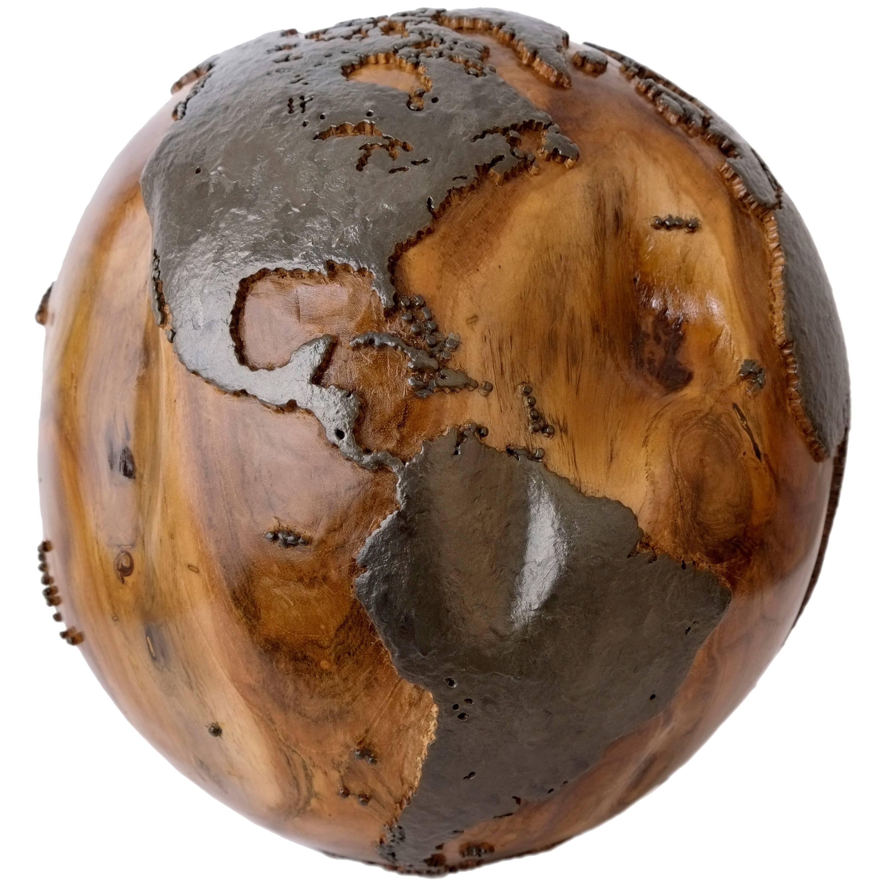 Classic Metal, Handcrafted Teak Globe in Iron and Natural, 30 cm Saturday Sale For Sale