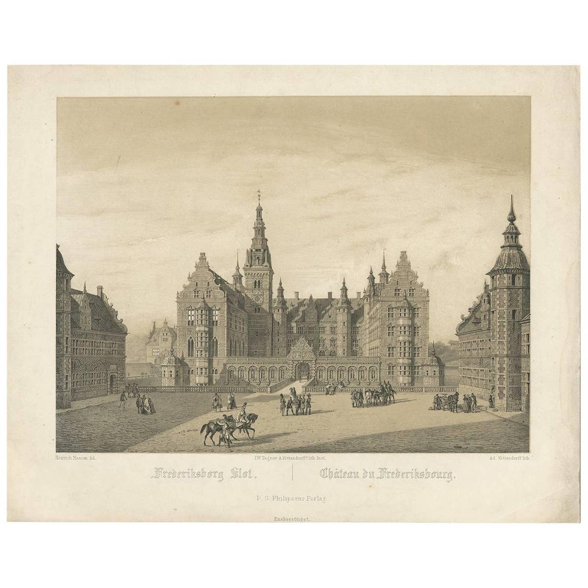 Antique Print of Frederiksborg Slot, Denmark by Ad. Kittendorf, circa 1850