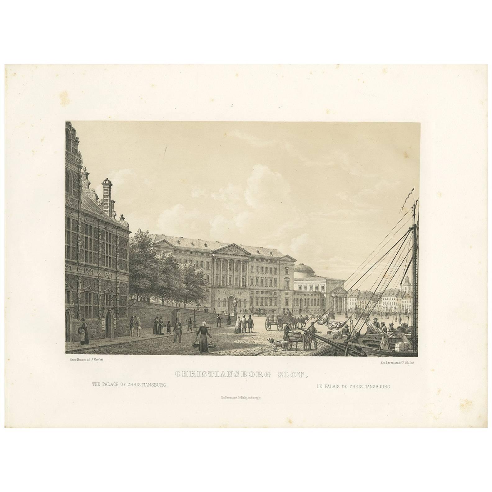 Antique Print of Christiansborg Slot, Denmark For Sale