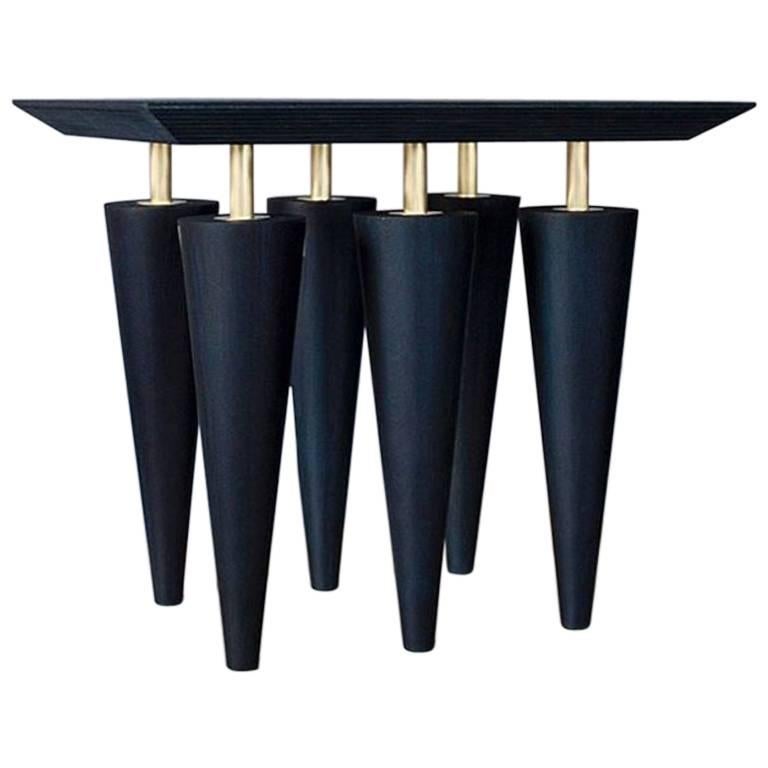 Blue Birchwood and Brass Coffee Table, Zwei Design
