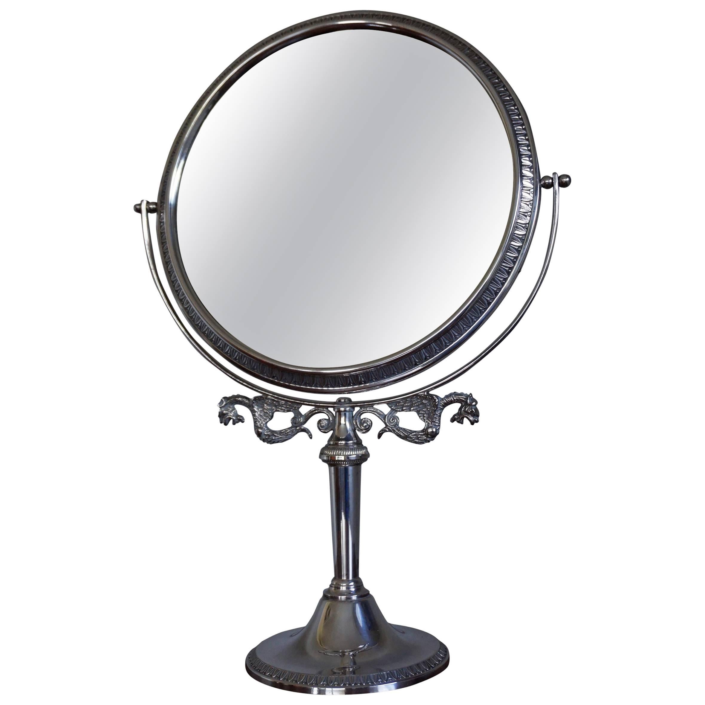 Midcentury Bevelled Table Mirror in Silvered Metal Frame for Make Up and Jewelry For Sale