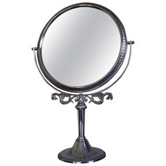 Used Midcentury Bevelled Table Mirror in Silvered Metal Frame for Make Up and Jewelry