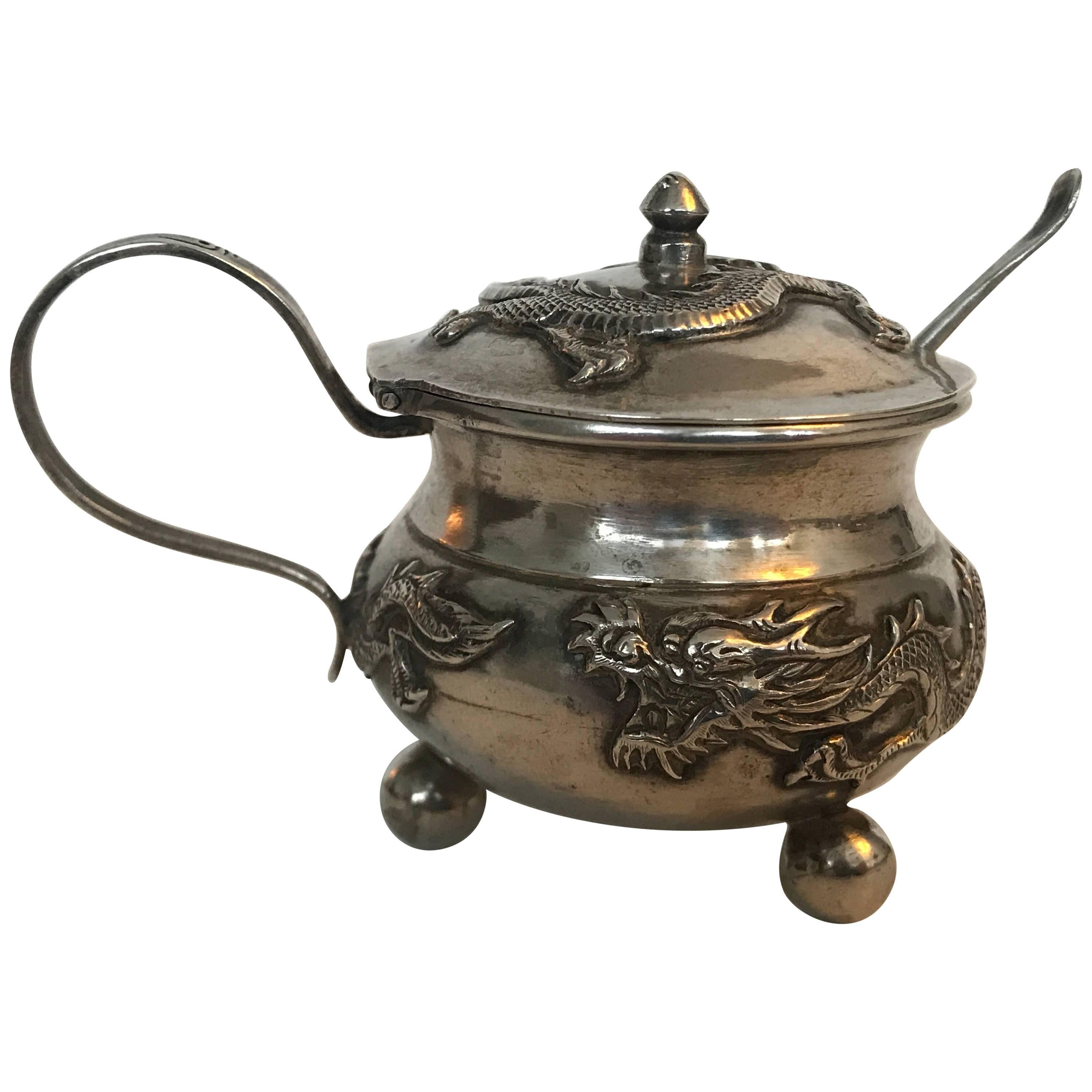 Wang Hing Chinese Export Silver Dragon Mustard Pot with Spoon Early 20th Century For Sale