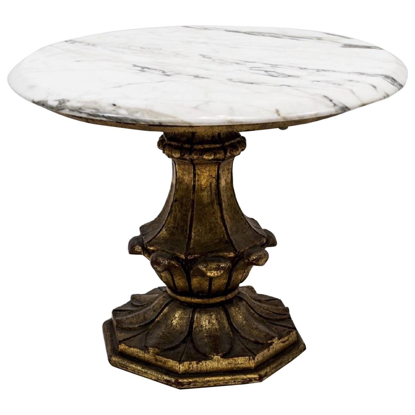 Vintage Round Accent Table with Marble Top and Giltwood Base
