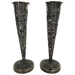 Hung Chong Early 20th Century Reticulated Chinese Export Silver Dragon Vases