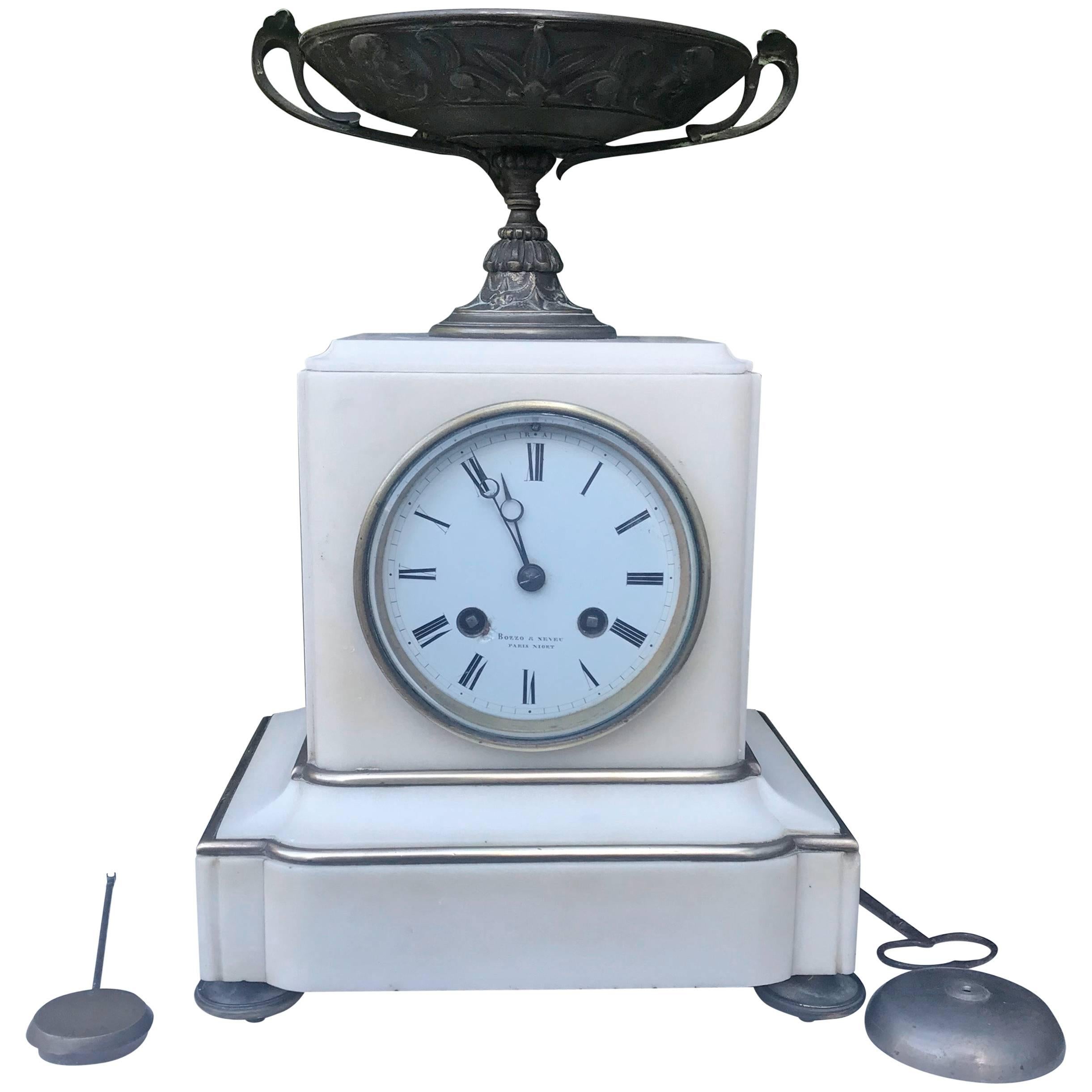 Mid-19th Century Neoclassical Revival White Marble and Bronze Mantel Clock
