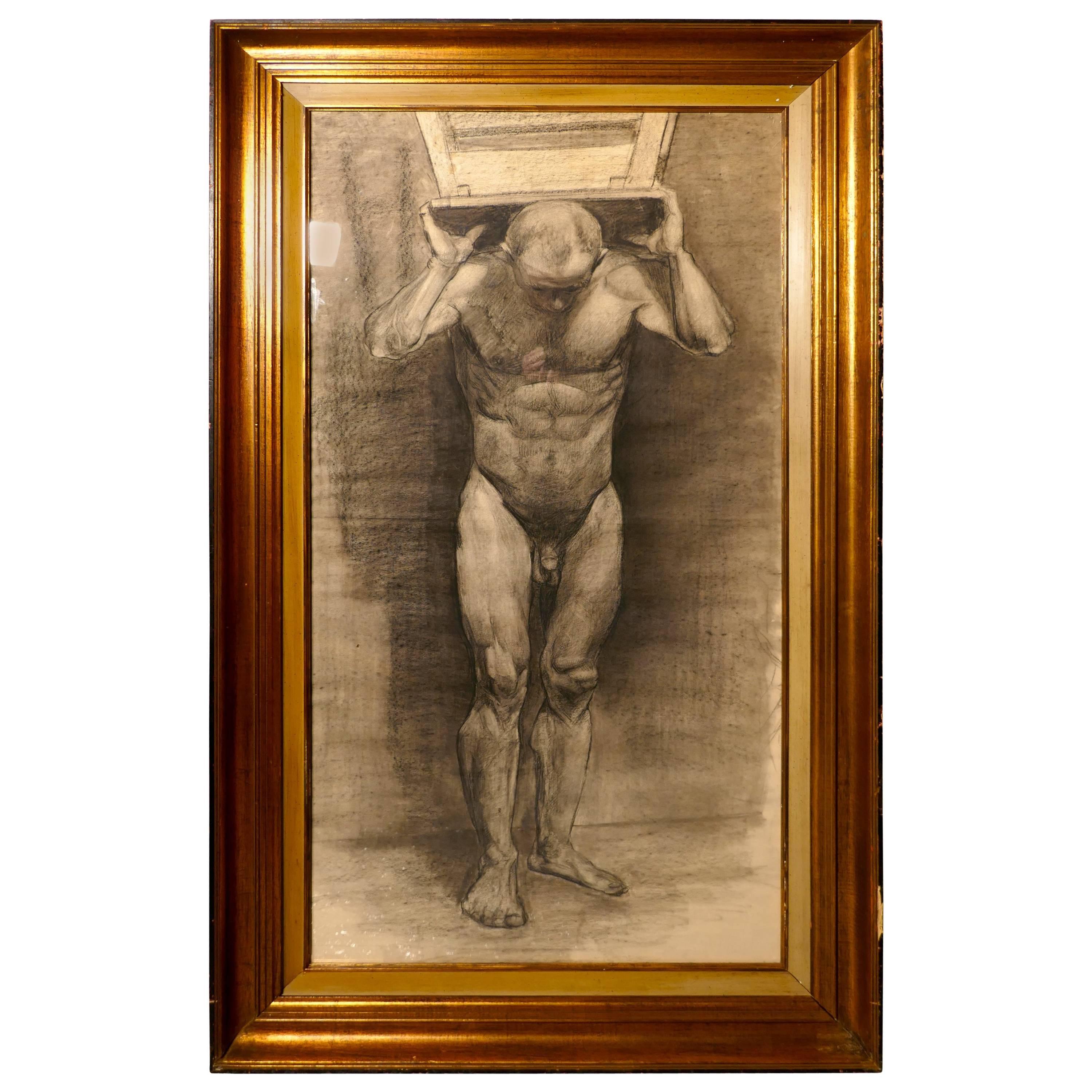 Male Nude Posing as Atlas, a Large Framed Study in Charcoal