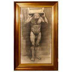 Antique Male Nude Posing as Atlas, a Large Framed Study in Charcoal