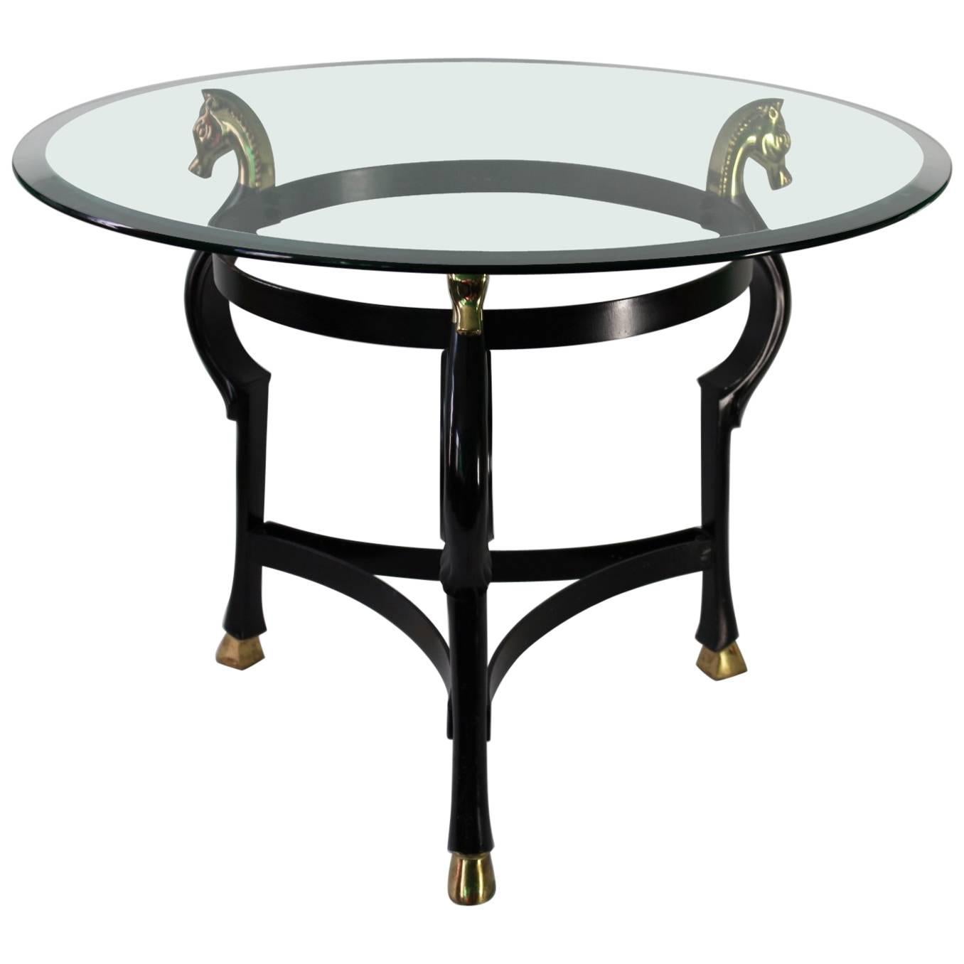 Midcentury Round End Table in Ebonized Brass with Seahorse Motif