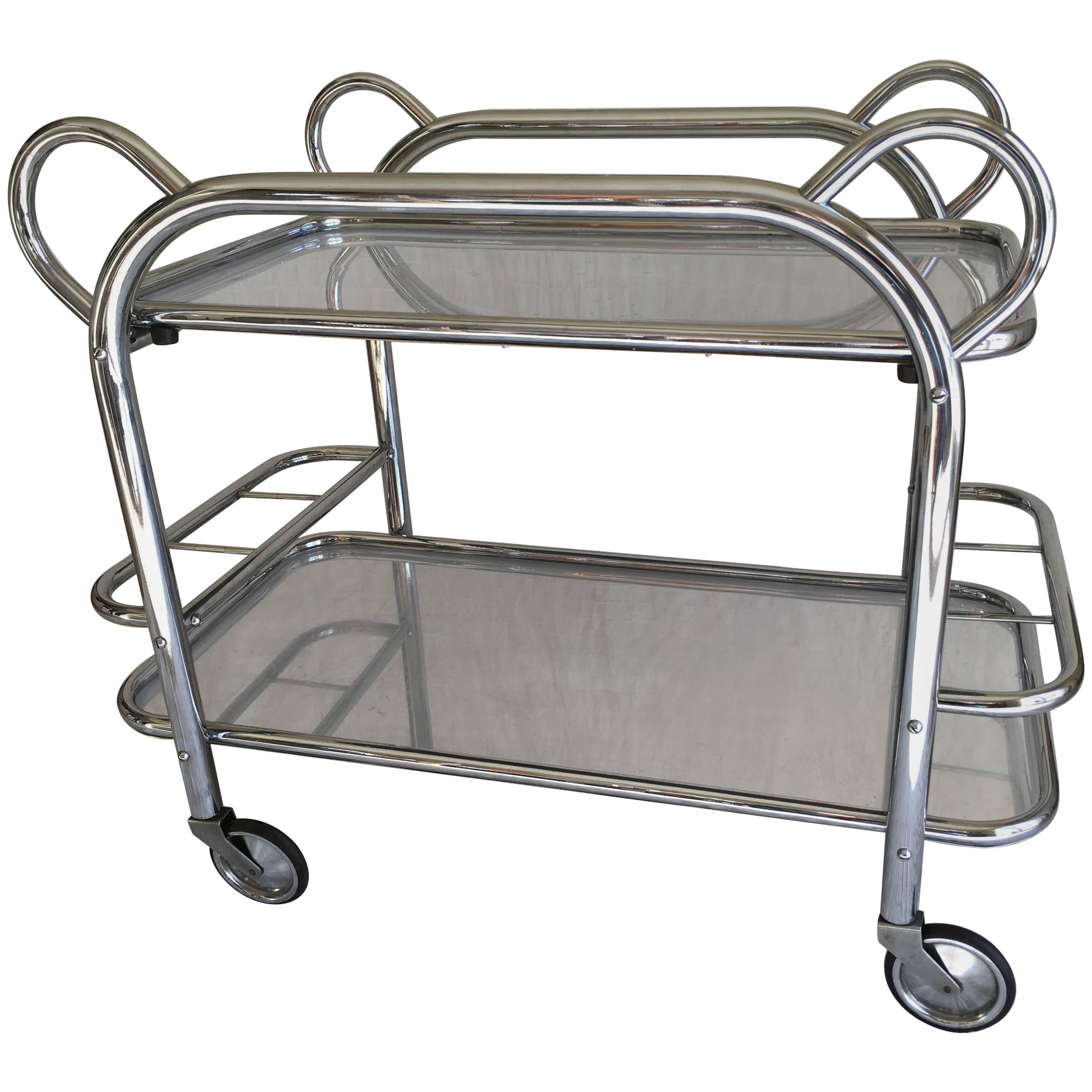 Art Deco Chrome Plated Tubular Steel Bar Cart with a Removable Tray, Marked For Sale