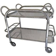 Art Deco Chrome Plated Tubular Steel Bar Cart with a Removable Tray, Marked
