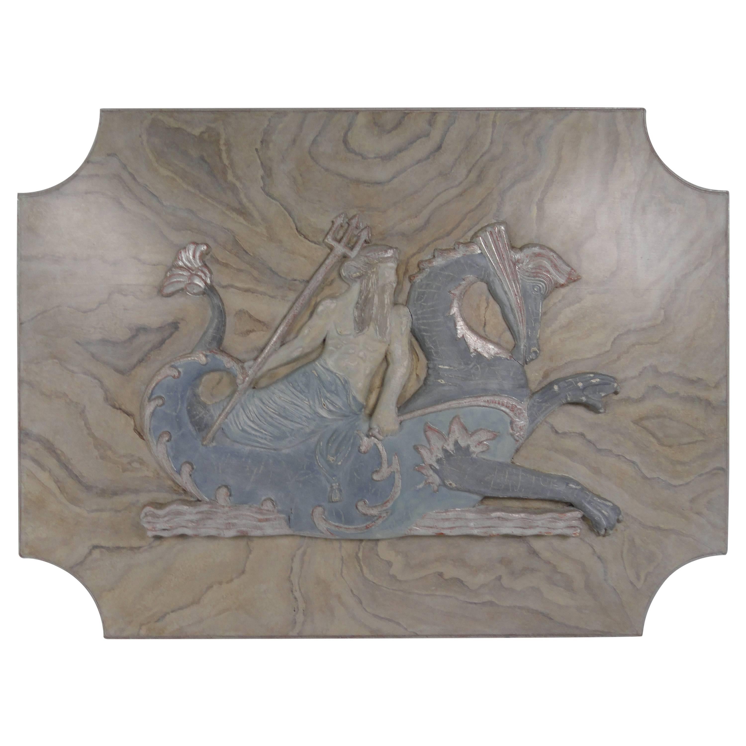 20th Century Carved Wood Plaque of Poseidon For Sale