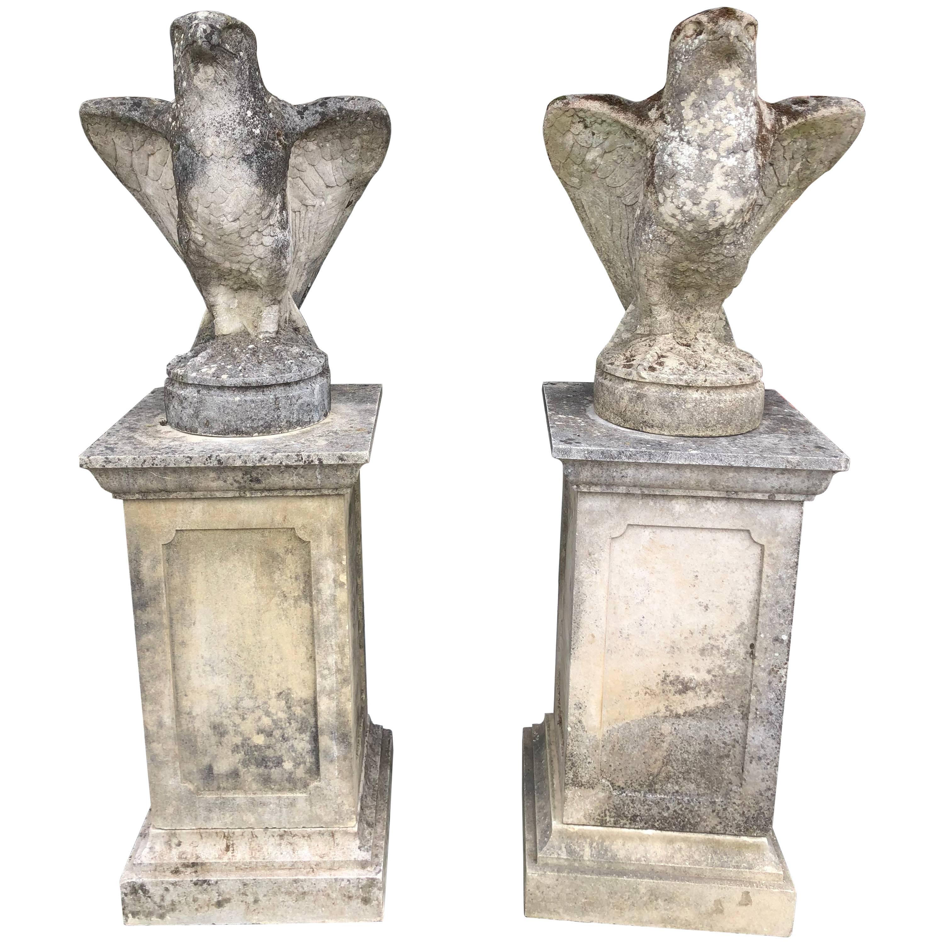 Pair of Late 19th Century Garden Stone Peregrine Falcons on Cast Pedestals