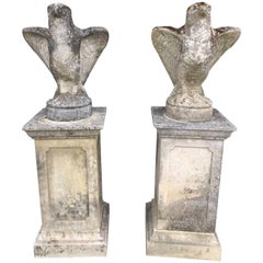 Pair of Late 19th Century Garden Stone Peregrine Falcons on Cast Pedestals