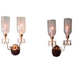 Antique Pair of Double Arm Hurricane Shade Sconces