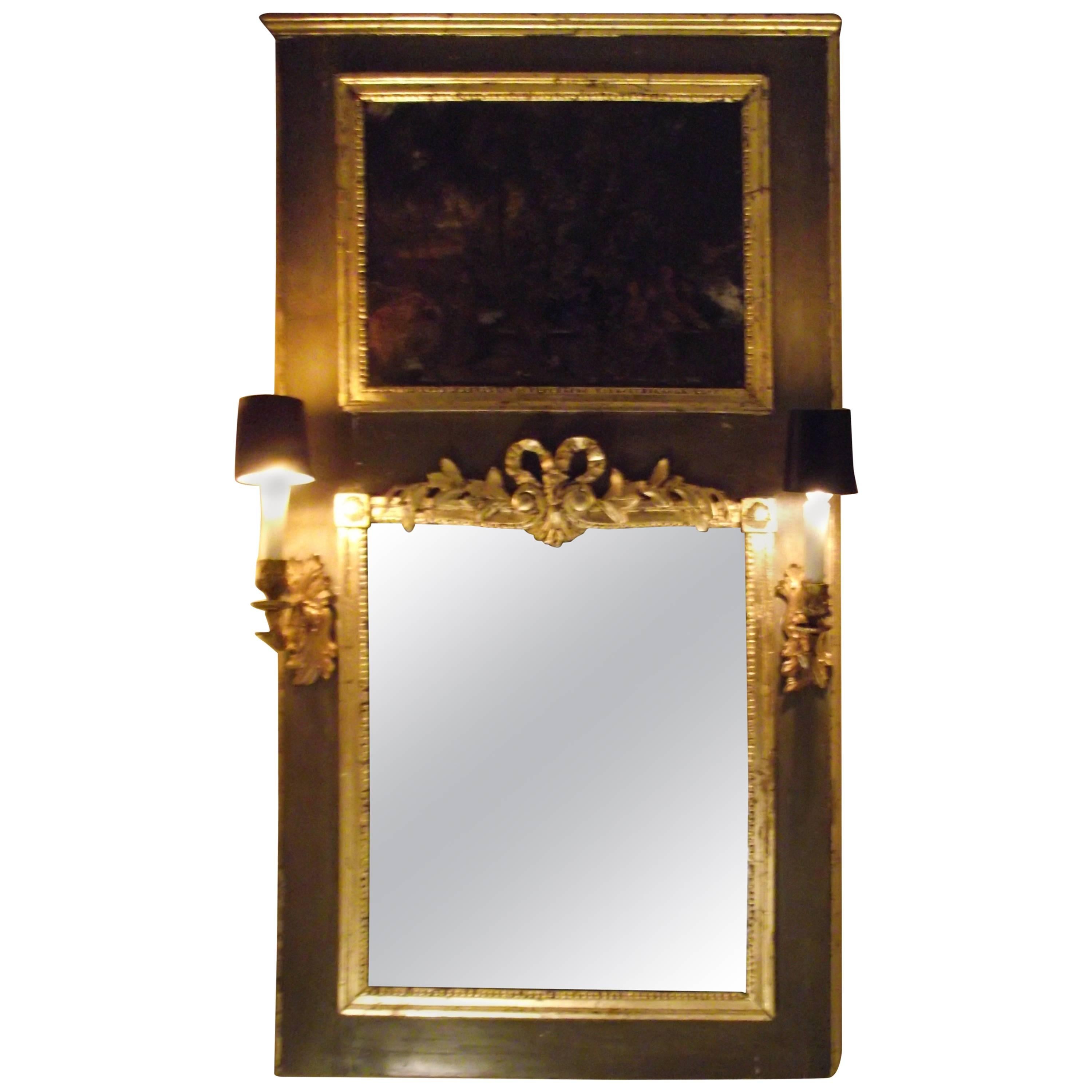 19th century Trumeau Mirror, Antique lighted Mirror with Oil Painting scene For Sale